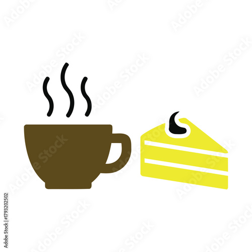 A steaming cup of coffee sits next to a slice of cake.