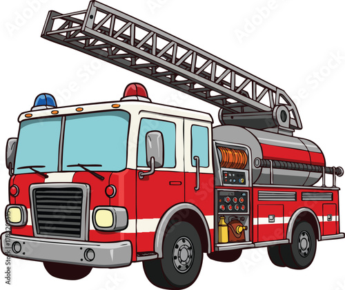 Fire truck with extended ladder and red emergency lights vector illustration for safety and rescue operations 