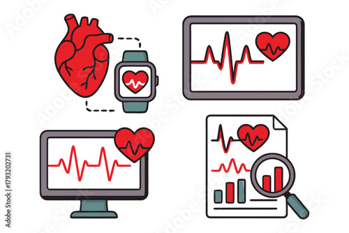 Heart health monitoring technology shows vital signs on various devices and reports.