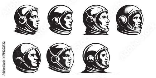 Astronaut Head Silhouettes Collection, Space Exploration Vector Illustrations, Cosmonaut Helmets