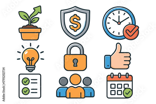 A collection of icons representing business growth, security, and time management concepts.
