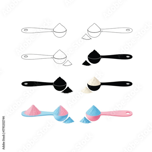 Set of powder spoon icons vector illustration in different styles isolated on white background