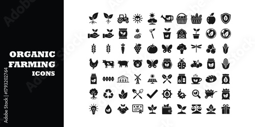 Vibrant organic farming icons showcasing healthy produce, sustainable practices, and agricultural elements for modern design projects.