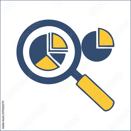 Magnifying glass examining pie chart representing data analysis