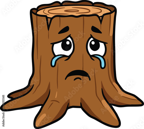 Sad crying tree stump with expressive eyes and emotional face illustration in brown colors vector 