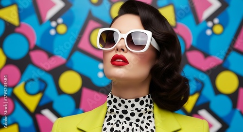 Wallpaper Mural A woman in stylish sunglasses looks up against a colorful, abstract background. Torontodigital.ca