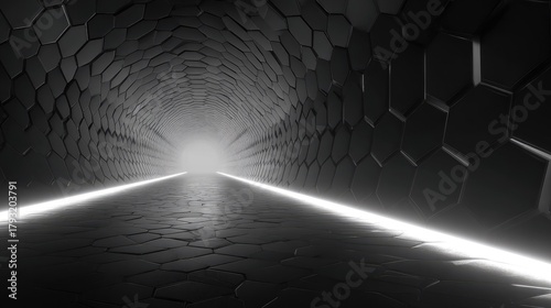 Fototapeta Naklejka Na Ścianę i Meble -  Dark tunnel with hexagon walls and bright light