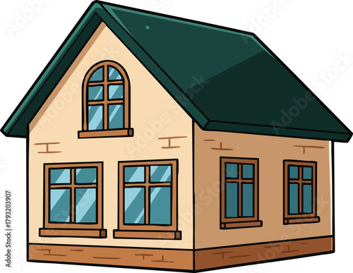 Residential house with green roof and beige walls vector illustration in simple style for architecture and home design projects 