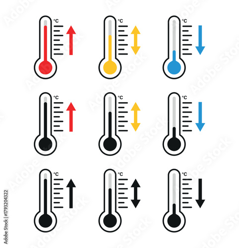 Nine thermometers showing varying temperatures with arrows indicating temperature changes and degree celsius