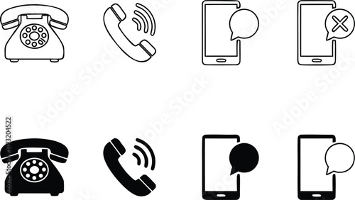 Set of Line and Solid Communication Icons - Phone Call, Mobile Chat, Message, and Notification Vector Collection