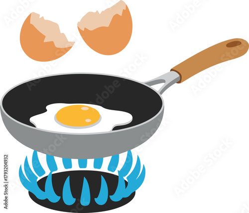 Fried egg cooking in a pan on a gas stove, kitchen process vector illustration