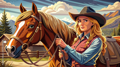 Very beautiful young cowgirl saddling a horse in Bridger, Montana, USA, featuring rustic western scenery, warm sunlight, and authentic ranch life atmosphere, capturing the spirit of the American count