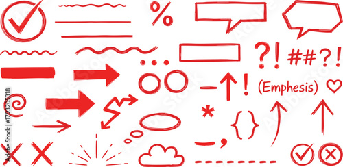 Hand-Drawn Red Correction Marks and Symbols for Emphasis and Edits