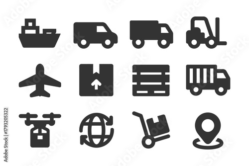 Transportation and logistics icons set: ship, truck, forklift, drone, package, globe, location.