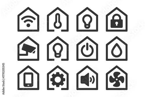 Home automation icon set: wi-fi, temperature, light, security, surveillance, power, water, smartphone.