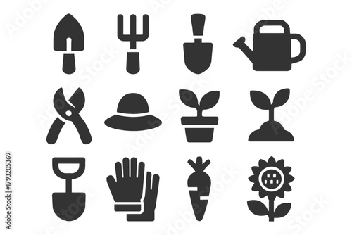 Collection of gardening tool icons featuring shovel, plant pots, and watering can.