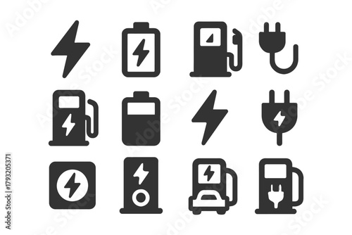 Electric and gas energy icons: charging stations, batteries, and plugs.