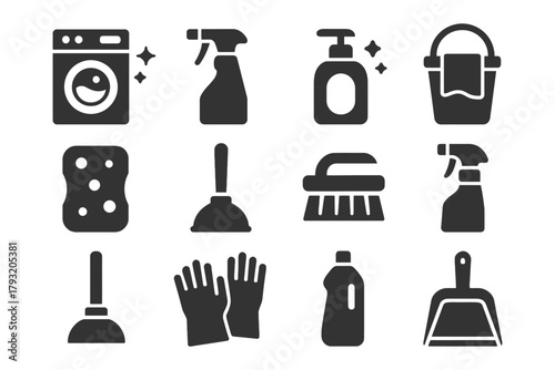 Collection of cleaning tools icons: soap, gloves, brush, spray bottle, mop.