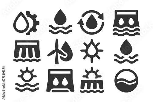 Collection of eco-friendly water and energy icons for sustainability projects.