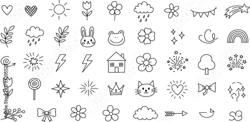 Collection of Simple Line Art Doodles Sun, Flower, Cloud, and Festive Elements for Design