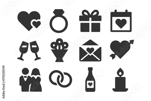 Love and romance icons: rings, gifts, and hearts illustrations.