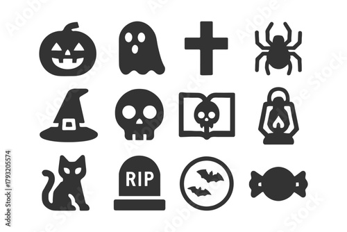 Halloween symbols: pumpkin, ghost, cross, spider, witch hat, skull, book, lantern, cat, tombstone, bat, candy icons.