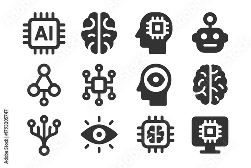 Ai technology icons: brain, chip, neural network, robot, eye, computer.