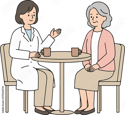 Doctor or caregiver consulting with a senior woman, pleasant flat cartoon vector illustration