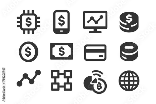 Financial technology icons featuring cryptocurrency, chart, credit card, and mobile payment symbols.
