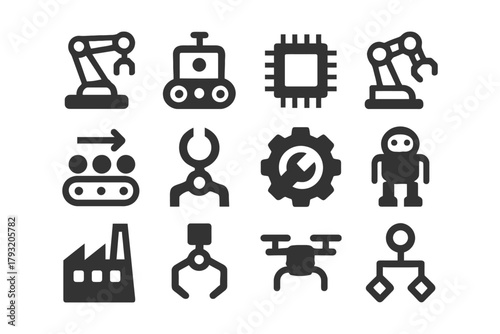 Industrial and robotic icons set featuring arm, chip, factory, drone, and robot.