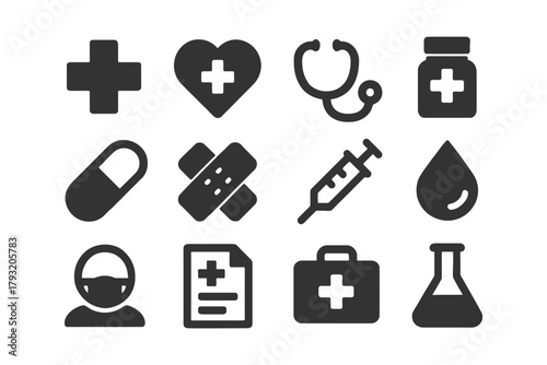 Medical icons set: healthcare symbols including stethoscope, syringe, and bandage.