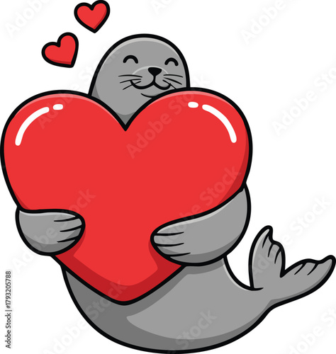Cute gray seal hugging large red heart with love hearts cartoon vector illustration 