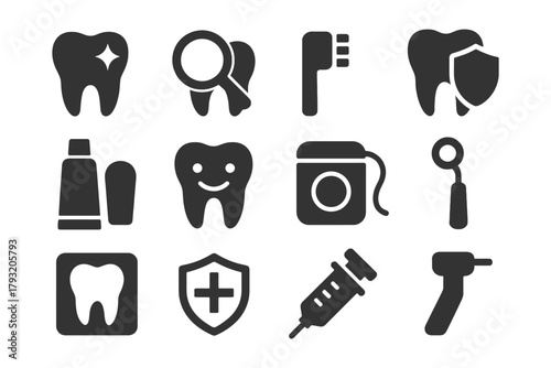 Dental care icons set: toothbrush, toothpaste, floss, dental mirror, shield, syringe.