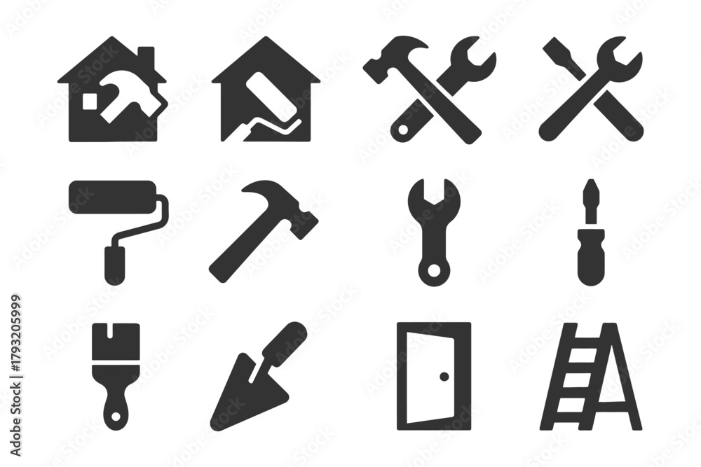 Fototapeta premium Home improvement tools icons: hammer, wrench, screwdriver, paint roller, brush, trowel, ladder.