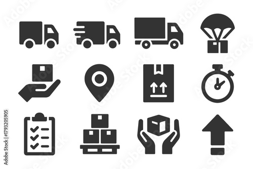 Delivery and shipping icons set: trucks, packages, timers, and locations.