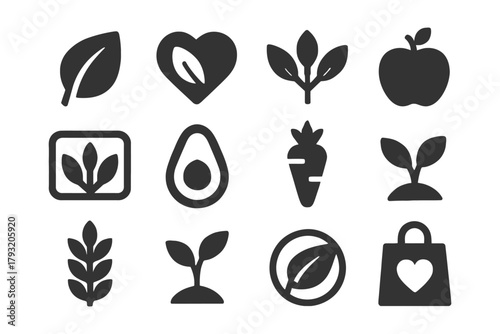 Collection of organic farming and natural food icons.