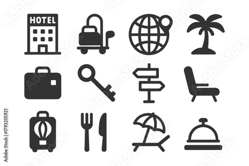 Travel and hospitality icons set: hotel, globe, palm tree, luggage, key, directions, dining, bellhop.