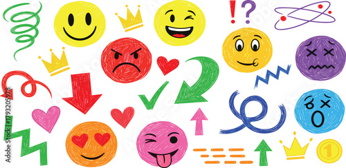 Collection of colorful hand-drawn emojis and icons representing various emotions, symbols, and abstract shapes, perfect for digital communication and design projects