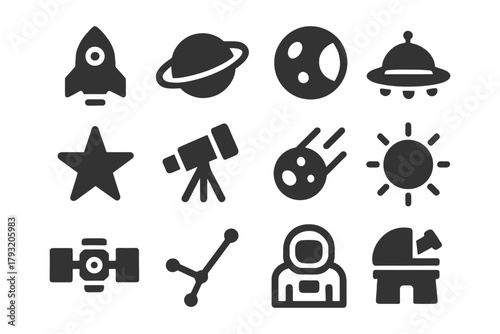 Space icons collection: rocket, ufo, astronaut, telescope, planets and more.
