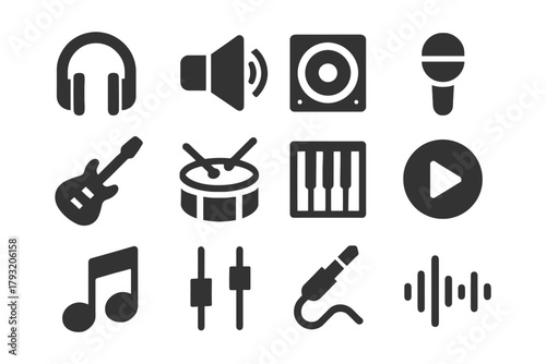Music icons collection: headphones, instruments, and sound symbols.
