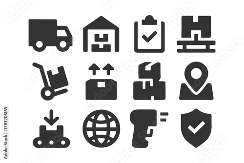 Logistics icons set: warehouse, shipping, inventory, barcode, global network, security.