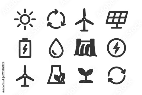 Renewable energy icons: solar, wind, hydro, biomass, and recycling symbols.