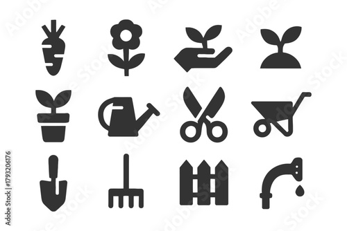 Silhouette gardening icons: tools and plants for home gardeners.