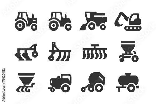 Set of twelve agricultural vehicle icons including tractors and harvesters.