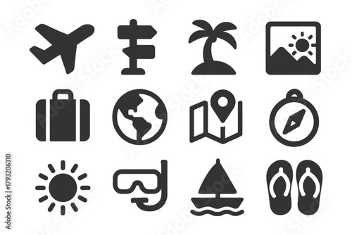 Travel icons set: airplane, map, compass, and more for vacation planning.