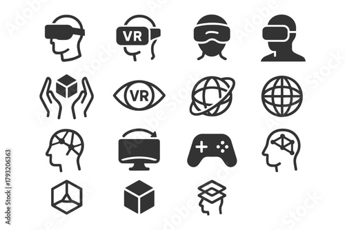 Virtual reality icons set featuring headsets and gaming symbols.