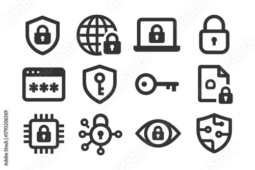 Cybersecurity icons: secure connections, data protection, and encryption symbols.