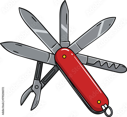 Multi-tool pocket knife with red handle and various foldable blades for outdoor and everyday use vector illustration 