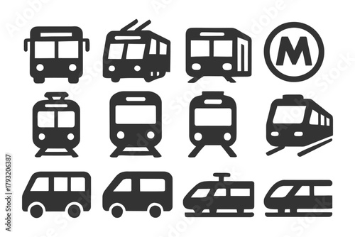 Collection of urban public transportation icons: bus, train, metro, tram.