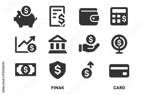 Financial icons set: piggy bank, wallet, calculator, money, credit card, shield.